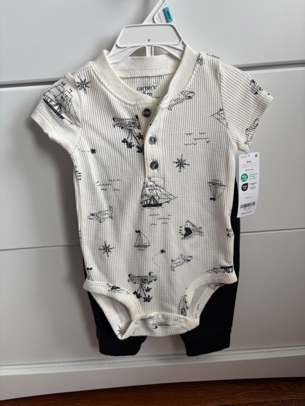 New - Carter's Cream Waffle Nautical Print Baby Bodysuit with Black Accent